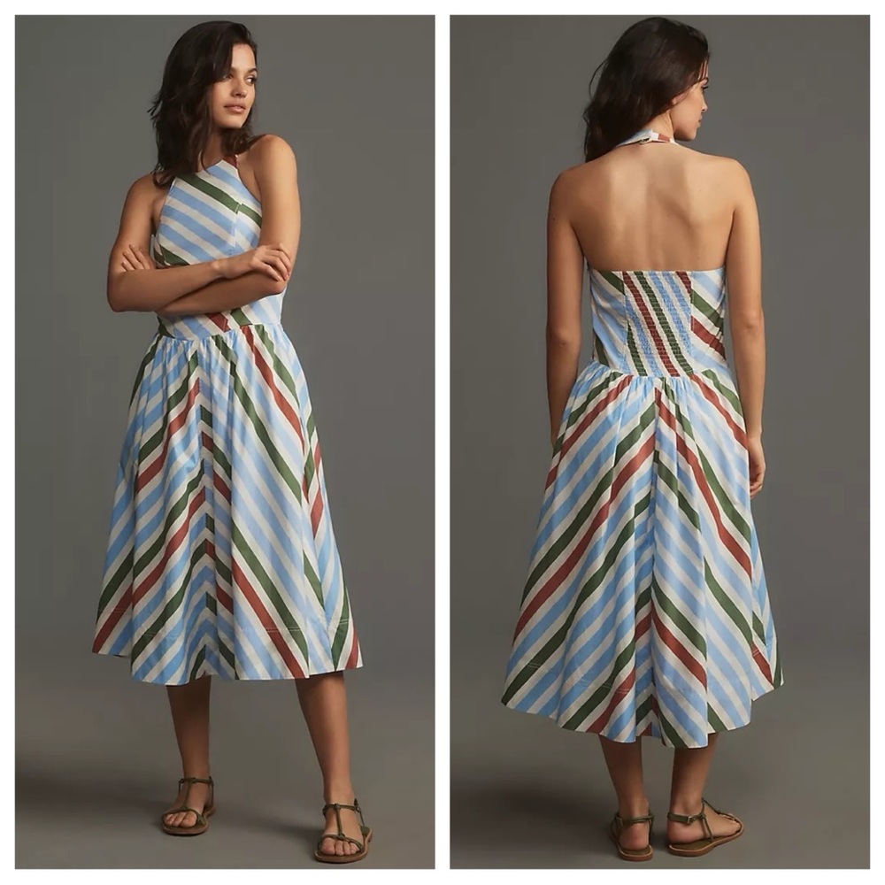 NWT MAEVE BY ANTHROPOLOGIE Halter Midi Sundress Cotton Stripes Pockets Sz XS
